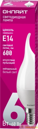 Лампа светодиодная 71 621 OLL-FC37-6-230-4K-E14-FR 6Вт свеча на ветру 4000К нейтр. бел. E14 470лм 220-240В ОНЛАЙТ 71621 детальная картинка