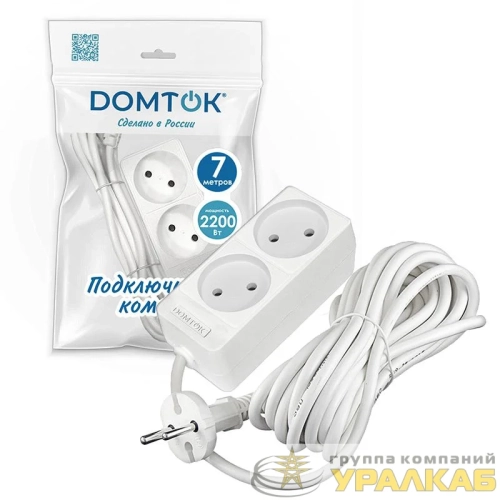 Удлинитель 2х7м без заземл. 10А IP20 2.2кВт ПВС 2х1 бел. DOMTOK 2348 детальная картинка