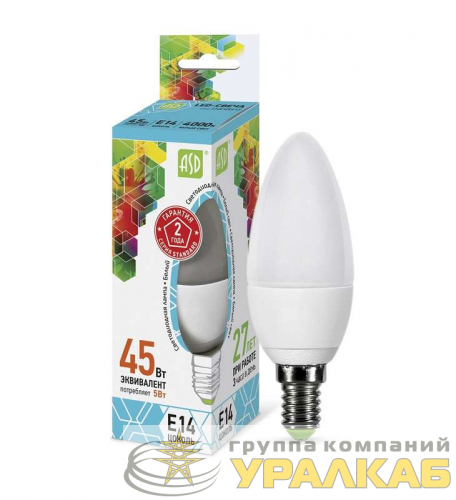 Лампа светодиодная LED-Свеча-standard 5Вт свеча 4000К нейтр. бел. E14 450лм 160-260В ASD 4690612002224