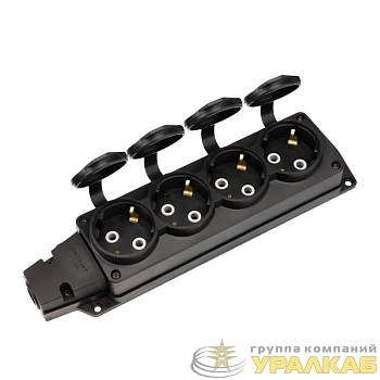 Колодка удлинителя 4-м с заземл. 16А IP54 влагозащ. с защ. крышкой COMPACT каучук черн. Rexant 