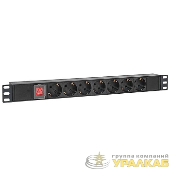 Блок PDU TERACOM PRO 19дюйм 1U 10А 250В 7-м Schuko с выкл. без шнура питания вх. разъем C14 алюм. черн. EKF TRP-HPD-LS-10A-7SH-C14