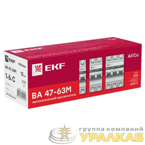 Выключатель автоматический модульный 3п C 20А 6кА ВА 47-63M электромагнит. расцеп. PROxima EKF mcb4763m-6-3-20C-pro детальная картинка