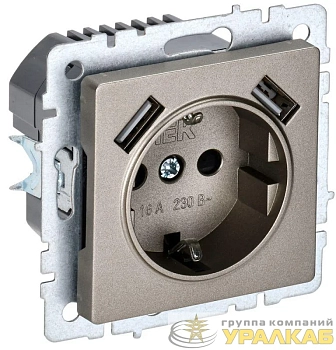 Розетка BRITE РЮш10-1-БрШ 16А с USB A+A 2.1А с заземл. защ. шторки механизм шампань IEK BR-R14-16-U21-D21-K37