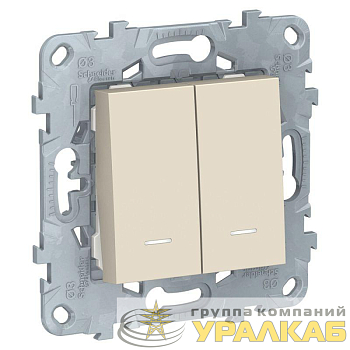 Переключатель проходной 2-кл. 2мод. СП Unica New IP21 (2х(сх. 6а)) с подсветкой беж. SchE NU521344N