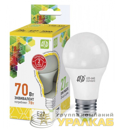 Лампа светодиодная LED-A60-standard 7Вт грушевидная 3000К тепл. бел. E27 630лм 160-260В ASD 4690612001692