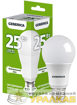 Лампа светодиодная A65 25Вт грушевидная 4000К E27 230В GENERICA LL-A65-25-230-40-E27-G