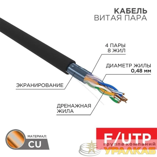 Кабель витая пара F/UTP кат.5e 4х2х24AWG solid PE OUTDOOR медь наружн. прокл. черн. (м) PROCONNECT 01-0154 детальная картинка