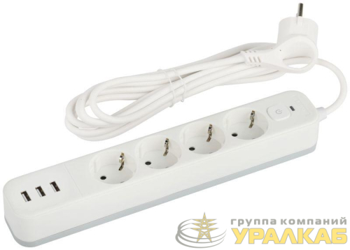 Удлинитель с сетевым фильтром 4х3м с заземл. 10А USF-4es-3m-3xUSBA-W +3xUSBA 3.1A с выкл. с базов. защитой бел. Эра Б0059569 детальная картинка