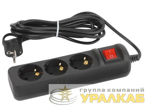 Удлинитель электрический UX-3es-5m-B с заземлением с выключателем 3 розетки 5м ПВС 3х0.75кв.мм 10А черн. Эра Б0057729 детальная картинка