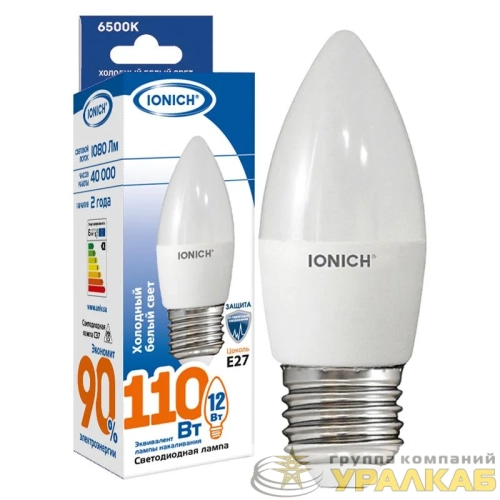 Лампа светодиодная C37 12Вт свеча 6500К E27 230В IONICH 1909 детальная картинка