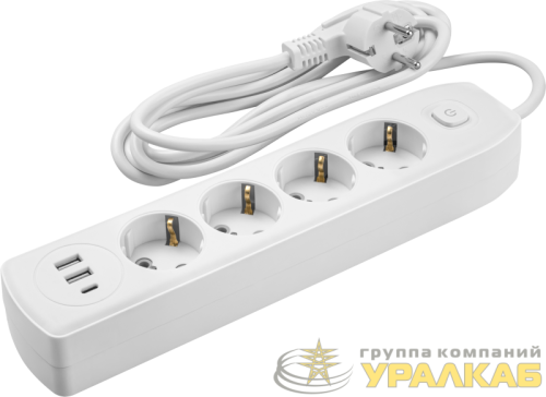 Удлинитель 4х3м с заземл. 10А IP20 90 842 OPE-USB-04-300-ESC-3x1 USB 2xType-A + Type-C с кнопкой ОНЛАЙТ 