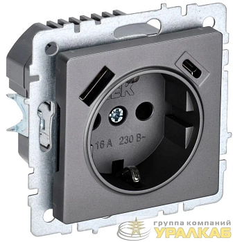 Розетка BRITE РЮш11-1-БрС 16А с USB A+C 18Вт с заземл. защ. шторки механизм сталь IEK BR-R14-16-U22-018-K46