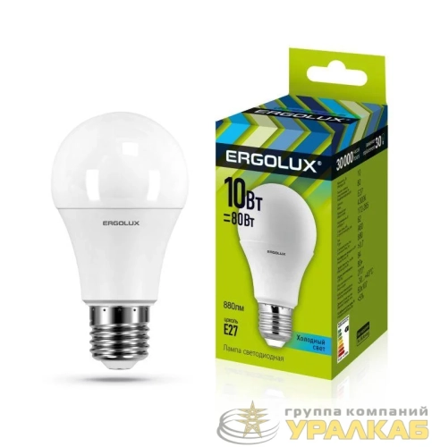 Лампа светодиодная LED-A60-10W-E27-4500K 10Вт грушевидная 4500К бел. E27 180-240В ЛОН Ergolux 