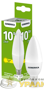 Лампа светодиодная C35 10Вт свеча 3000К E14 230В GENERICA LL-C35-10-230-30-E14-G