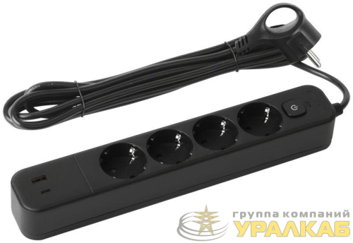 Удлинитель с сетевым фильтром 4х3м с заземл. 10А USF-4es-3m-2xUSBAC-B +2xUSBA+C 3.1A с выкл. с базов. защитой Эра Б0059574 детальная картинка