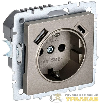Розетка BRITE РЮш11-1-БрШ 16А с USB A+C 18Вт с заземл. защ. шторки механизм шампань IEK 