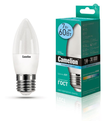 Лампа светодиодная LED7-C35/845/E27 7Вт свеча 4500К бел. E27 560лм 220В Camelion 12078 детальная картинка
