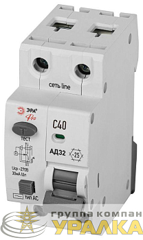 Выключатель автоматический дифференциального тока 1P+N C40 30мА тип АC защита 230В АВДТ 4.5кА PRO D32E2C40АC30P АД32 электронное Эра Б0057354