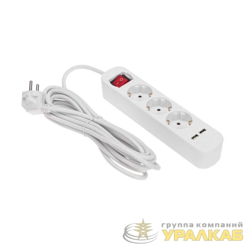 Удлинитель 3х5м с заземл. STANDARD 2хUSB 3х1кв.мм с выкл. бел. Rexant 13-4017 детальная картинка