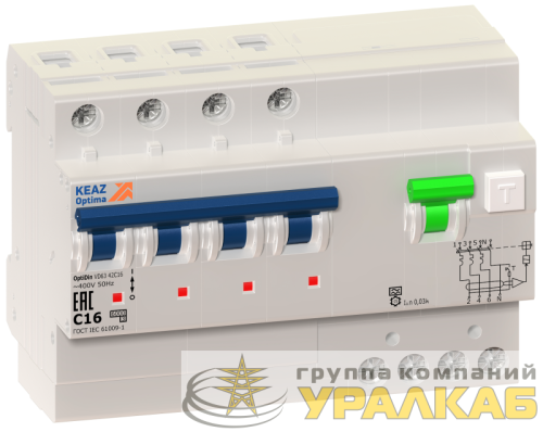 Выключатель автоматический дифференциального тока 4п C 25А 30мА тип A 6кА OptiDin VD63 УХЛ4 КЭАЗ 103478 детальная картинка