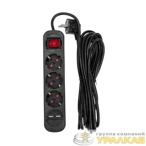 Удлинитель 3х5м с заземл. STANDARD 2хUSB 3х1кв.мм с выкл. черн. Rexant 13-4023 детальная картинка