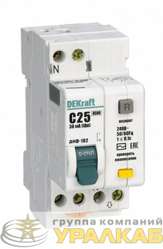 Выключатель автоматический дифференциального тока 2п (1P+N) C 6А 30мА тип AC 4.5кА ДИФ-102 2мод. DEKraft 16001DEK