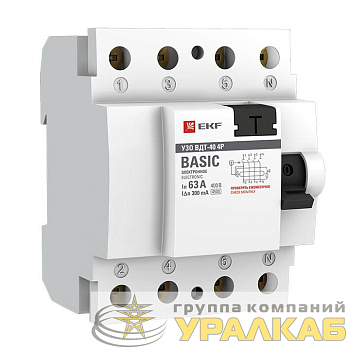 Выключатель дифференциального тока (УЗО) 4п 63А 300мА ВДТ-40 (электрон.) Basic EKF elcb-4-63-300e-sim