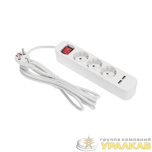 Удлинитель 3х3м с заземл. STANDARD 2хUSB 3х1кв.мм с выкл. бел. Rexant 13-4016 детальная картинка