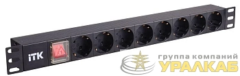 Блок розеток 8 мест PDU (немец. станд.) с LED выкл. 1U без шнура вх. C14 алюм. профиль с автоматом ITK PH12-8D3