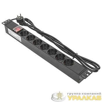 Блок PDU TERACOM 19дюйм 1U 16А/250В 7 роз. Schuko с выключат. шнур 2м 3х1.5кв.мм вилка Schuko корпус пластик черн. EKF TRC-HPD-LS-16A-7SH-2MSH