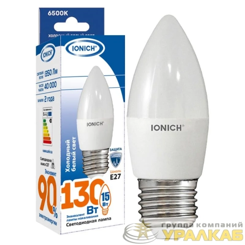 Лампа светодиодная C37 15Вт свеча 6500К E27 230В IONICH 1903 детальная картинка