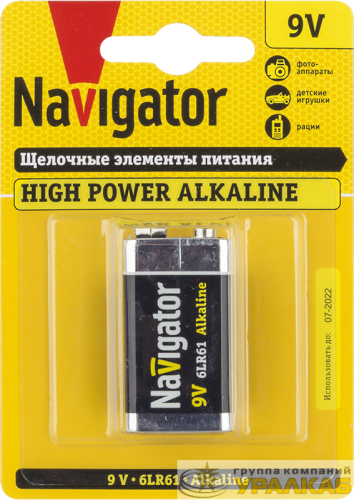 Элемент питания алкалиновый "крона" 6LR61 94 756 NBT-NE-6LR61-BP1 (блист.1шт) Navigator 94756