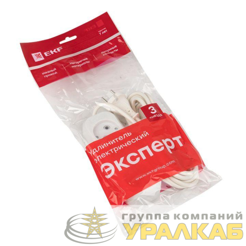 Удлинитель 3х3м без заземл. 10А IP20 Эксперт 2.2кВт ПВС 2х0.75 PROxima EKF UBA10-275-3-03 детальная картинка