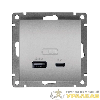 Розетка 2-м USB СП Афина тип А+С 5В 1х2.4А 2х4А механизм серебро Universal 