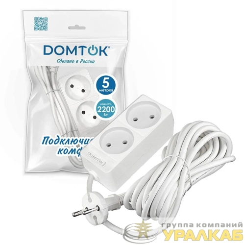 Удлинитель 2х5м без заземл. 10А IP20 2.2кВт ПВС 2х1 бел. DOMTOK 2347 детальная картинка