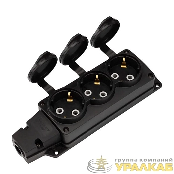 Колодка удлинителя 3-м с заземл. 16А IP54 влагозащ. с защ. крышкой COMPACT каучук черн. Rexant 