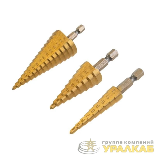 Набор ступенчатых сверл 4-12.4-20.4-32мм HSS-TiN ТИТАН (уп.3шт) Kranz 