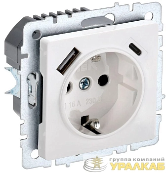 Розетка BRITE РЮш11-1-БрБ 16А с USB A+C 18Вт с заземл. защ. шторки механизм бел. IEK BR-R14-16-U22-018-K01