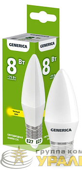 Лампа светодиодная C35 8Вт свеча 3000К E27 230В GENERICA LL-C35-08-230-30-E27-G
