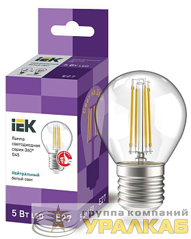 Лампа светодиодная филаментная 360° 5Вт G45 шар прозрачная 4000К нейтр. бел. E27 230В IEK LLF-G45-5-230-40-E27-CL