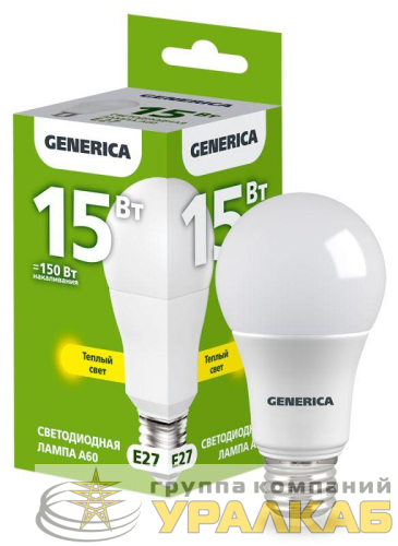Лампа светодиодная A60 15Вт грушевидная 3000К E27 230В GENERICA LL-A60-15-230-30-E27-G