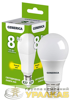 Лампа светодиодная A60 8Вт грушевидная 3000К E27 230В GENERICA LL-A60-08-230-30-E27-G