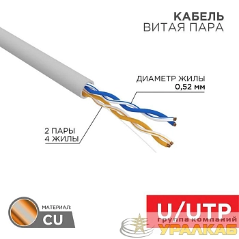 Кабель витая пара U/UTP CAT 5E ZH нг(А)-HF 2х2х0.52мм 24AWG INDOOR SOLID сер. (305м) PRO Rexant 