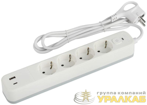 Удлинитель с сетевым фильтром 4х3м с заземл. 10А USF-4es-3m-2xUSBAC-W +2xUSBA+C 3.1A с выкл. с базов. защитой Эра Б0059573 детальная картинка