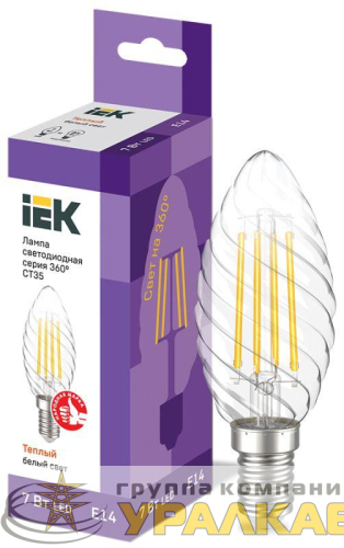 Лампа светодиодная филаментная 360° 7Вт CT35 свеча витая 3000К E14 230В IEK LLF-CT35-7-230-30-E14-CL детальная картинка