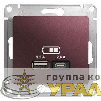 Розетка USB Glossa тип A+C 5В/2.4А 2х5В/1.2А механизм баклажан. SE GSL001139