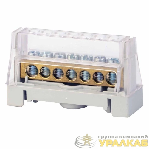 Шина 1п до 63А 5конт. 16кв.мм; 2конт. 25кв.мм латунь в корпусе на DIN-рейку сер. DKC 