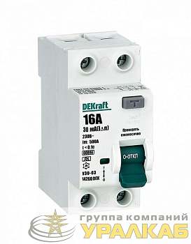 Выключатель дифференциального тока (УЗО) 2п 16А 30мА тип A 6кА УЗО-03 DEKraft 14260DEK