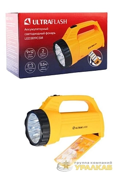 Фонарь аккумуляторный LED3819CSM 9LED + 12SMD 2 режима аккум. SLA 220В желт. Ultraflash 12102/12860