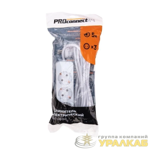 Удлинитель 3 гнезда 5м 3х0.75кв.мм с/з бел. PROCONNECT 13-4210 детальная картинка